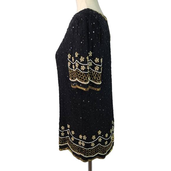 Laurence Kazar Black Gold White Silk Sequin Beads Vintage Top Shirt Medium - Picture 2 of 4